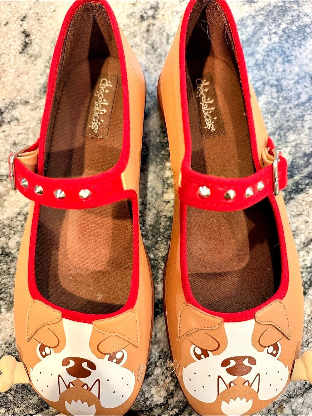 chocolat blu Bulldog Dog Face Mary Jane Flats Brown Red